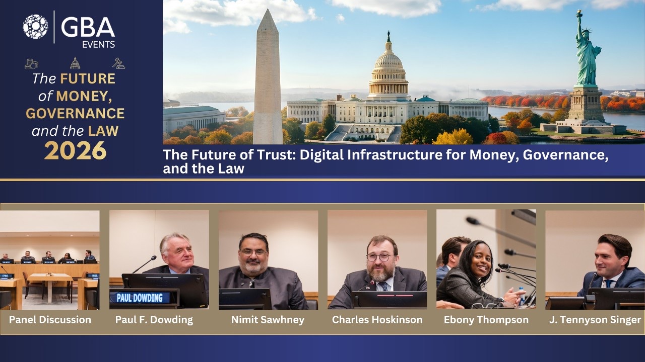 The Future of Trust panel at the Future of Money, Governance and the Law 2026 summit: Paul F. Dowding, Nimit Sawhney, Charles Hoskinson, Ebony Thompson and J. Tennyson Singer